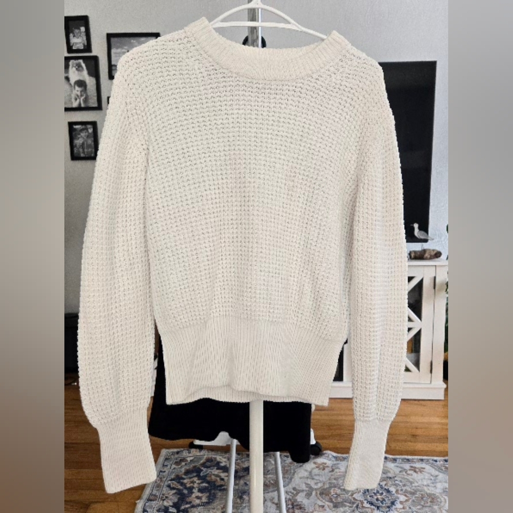 French Connection White Crew Neck Sweater with Long Sleeves and Textured Knit